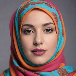 A woman wearing a beautifully designed hijab in vibrant colours, radiating elegance and respect.