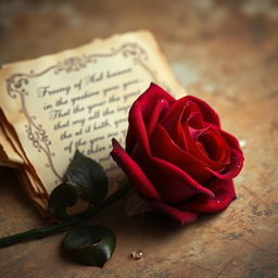 A captivating composition showcasing a single elegant crimson rose with lush, velvety petals, adorned with drops of dew, positioned gracefully against an artsy, textured background