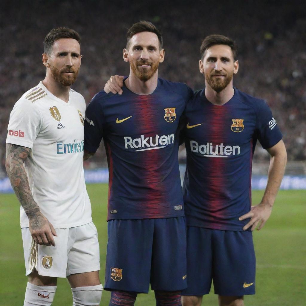 Generate an image of Lewis Hamilton and Lionel Messi standing together with Messi slightly in the background