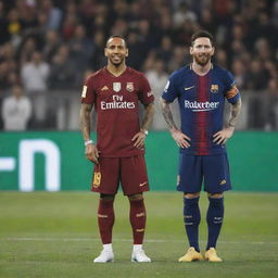 Generate an image of Lewis Hamilton and Lionel Messi standing together with Messi slightly in the background