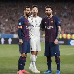 Generate an image of Lewis Hamilton and Lionel Messi standing together with Messi slightly in the background