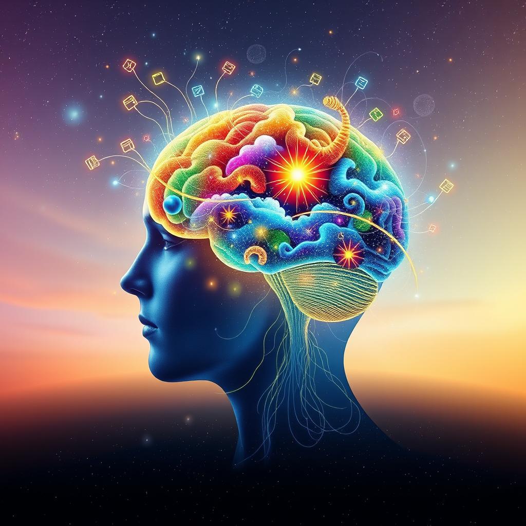 An imaginative and inspiring depiction of the power of the human mind, featuring a side profile of a human head filled with a radiant collage of colorful brainwaves and neural connections