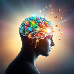 An imaginative and inspiring depiction of the power of the human mind, featuring a side profile of a human head filled with a radiant collage of colorful brainwaves and neural connections