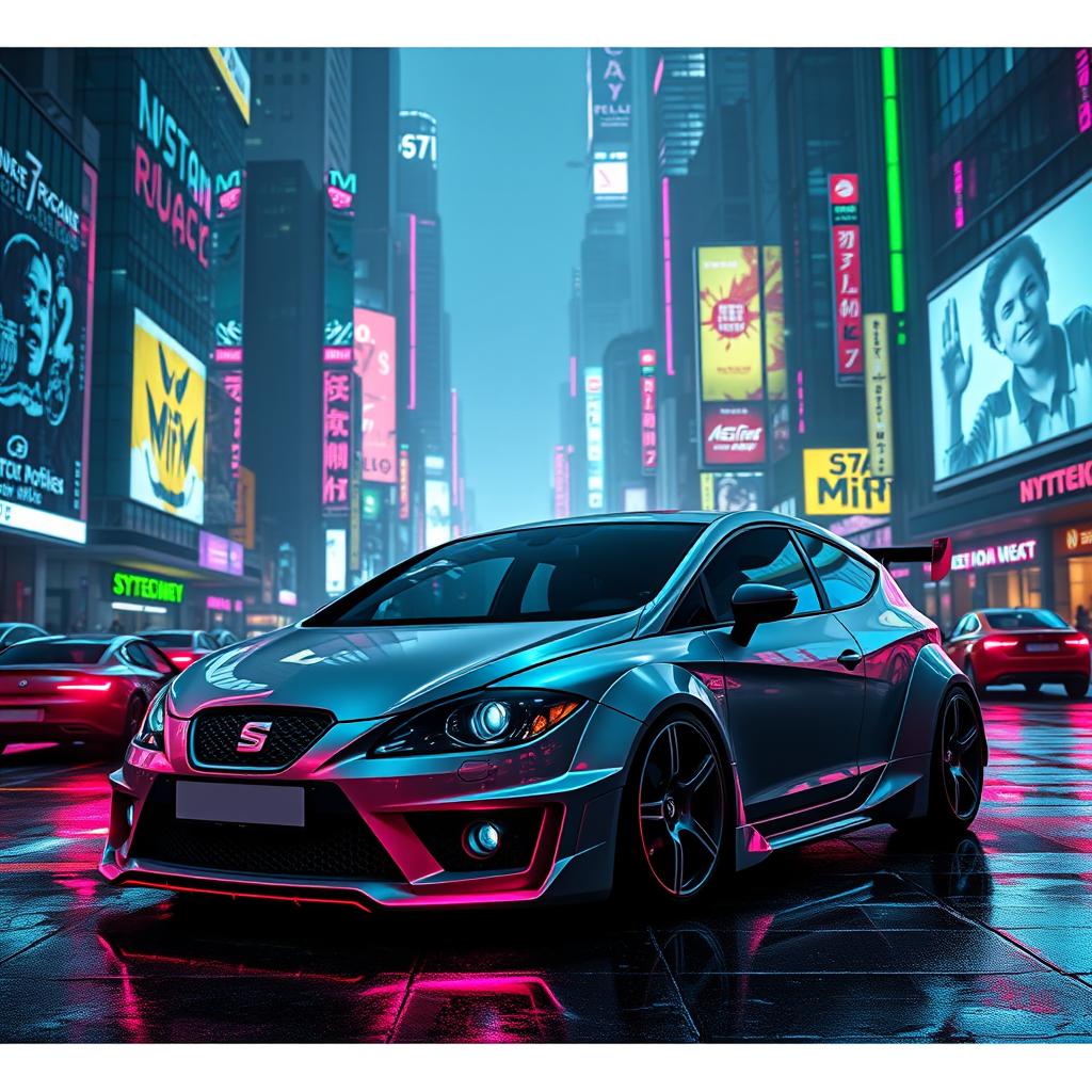 A futuristic cyberpunk cityscape featuring a sleek, grey 2010 Seat León with a striking body kit