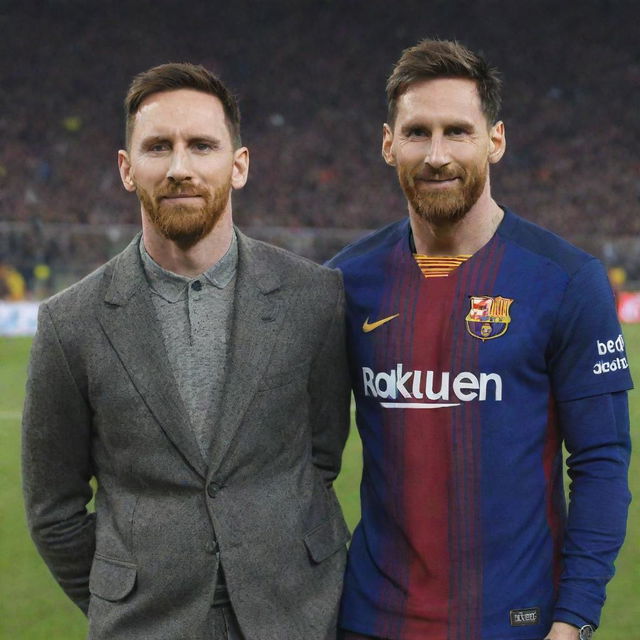 Generate an image of Lewis Hamilton and Lionel Messi standing together with Messi slightly in the background