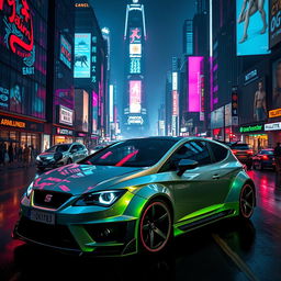 A futuristic cyberpunk cityscape featuring a sleek, grey 2010 Seat León with a striking body kit