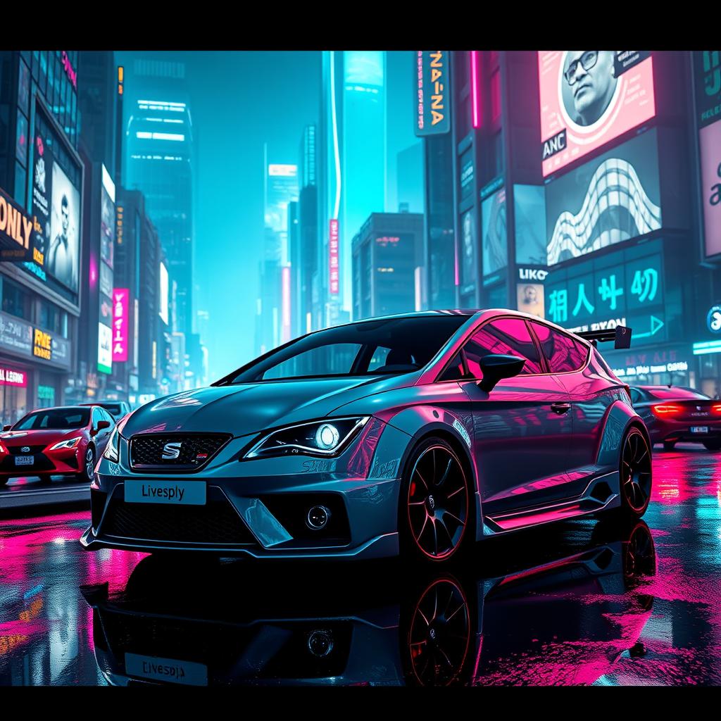 A futuristic cyberpunk cityscape featuring a sleek, grey 2010 Seat León with a striking body kit