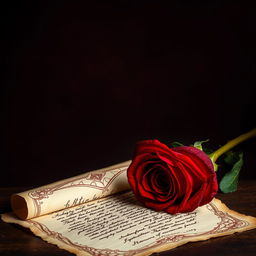 A stunning artistic composition featuring a single elegant crimson rose with deep, lush petals, adorned with fresh dew drops, showcased against a richly textured, dark background