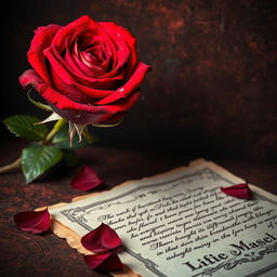 A stunning artistic composition featuring a single elegant crimson rose with deep, lush petals, adorned with fresh dew drops, showcased against a richly textured, dark background