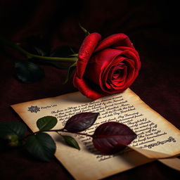 A stunning artistic composition featuring a single elegant crimson rose with deep, lush petals, adorned with fresh dew drops, showcased against a richly textured, dark background