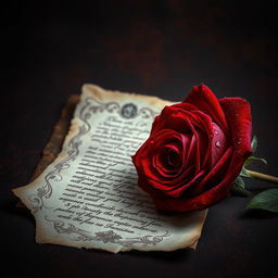 A stunning artistic composition featuring a single elegant crimson rose with deep, lush petals, adorned with fresh dew drops, showcased against a richly textured, dark background