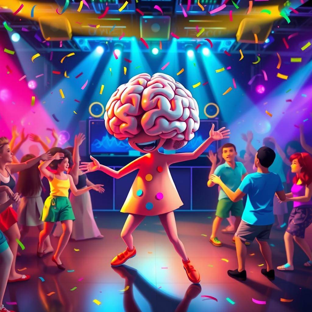 A vibrant and playful depiction of "a minha balada com meu cérebro" (my party with my brain)