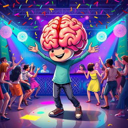 A vibrant and playful depiction of "a minha balada com meu cérebro" (my party with my brain)