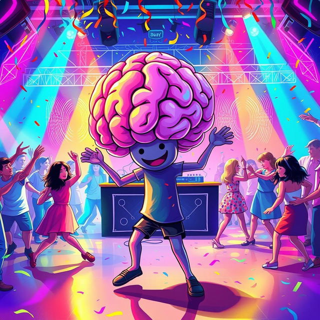 A vibrant and playful depiction of "a minha balada com meu cérebro" (my party with my brain)