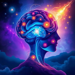 A captivating illustration of the power of the human mind, showcasing a thoughtful profile of a human head filled with swirling galaxies and vibrant cosmic elements