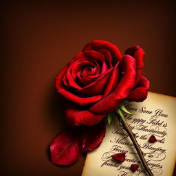 An exquisite artwork featuring a singular elegant crimson rose, characterized by its velvety petals that are richly saturated and adorned with sparkling dewdrops, set against an intricately textured dark background