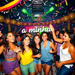 A fun and energetic representation of the phrase "a minha balada com" (my party with)