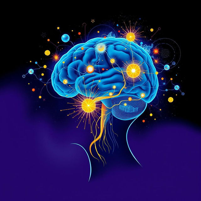 A thought-provoking illustration representing the power of the human mind, featuring a side profile of a human head overflowing with luminous brain activity depicted as colorful neural pathways and synapses