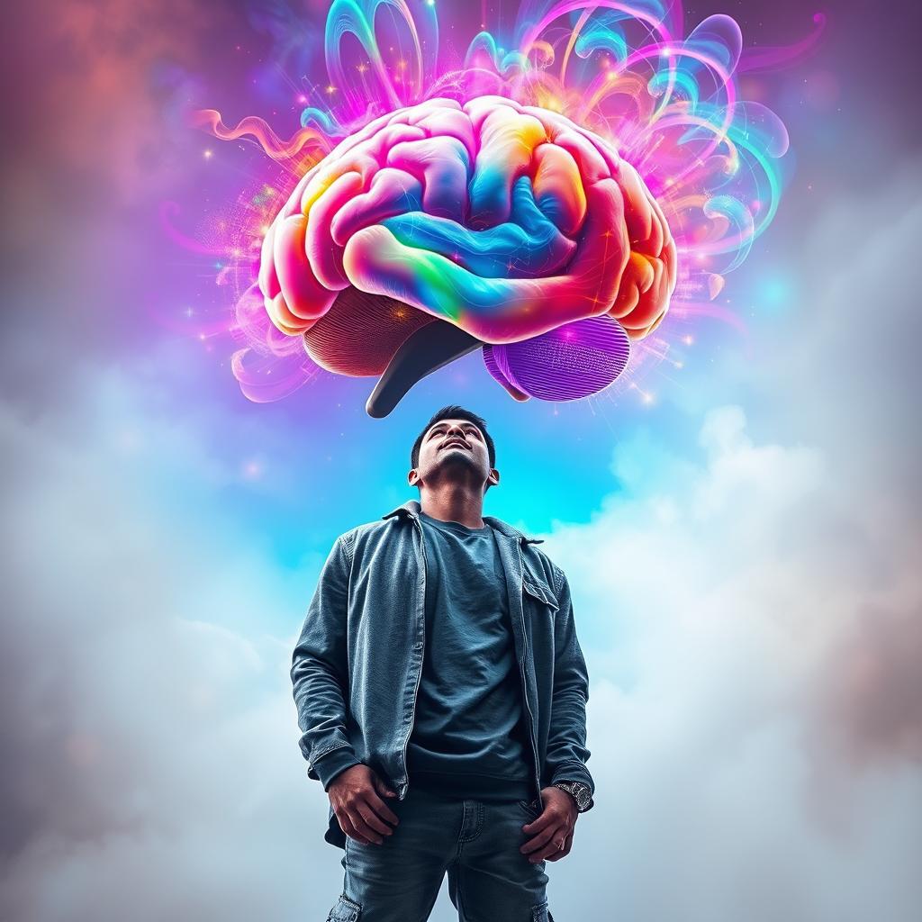 A striking image of a person with a vibrant, colorful brain suspended above their head, emanating a brilliant array of colors