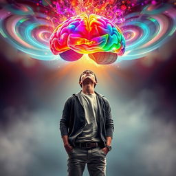 A striking image of a person with a vibrant, colorful brain suspended above their head, emanating a brilliant array of colors