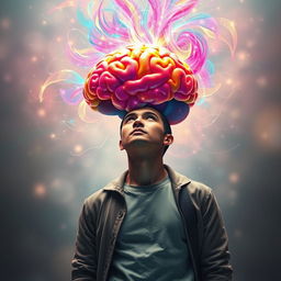 A striking image of a person with a vibrant, colorful brain suspended above their head, emanating a brilliant array of colors