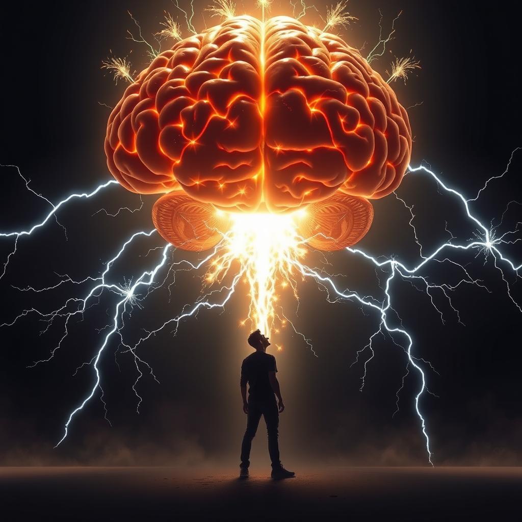 A striking silhouette of a person standing beneath a massive, glowing brain that hovers overhead, radiating brilliant sparks and electrical energy outward