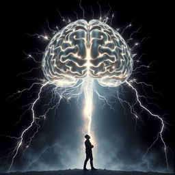 A striking silhouette of a person standing beneath a massive, glowing brain that hovers overhead, radiating brilliant sparks and electrical energy outward