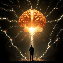 A striking silhouette of a person standing beneath a massive, glowing brain that hovers overhead, radiating brilliant sparks and electrical energy outward