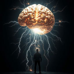 A striking silhouette of a person standing beneath a massive, glowing brain that hovers overhead, radiating brilliant sparks and electrical energy outward