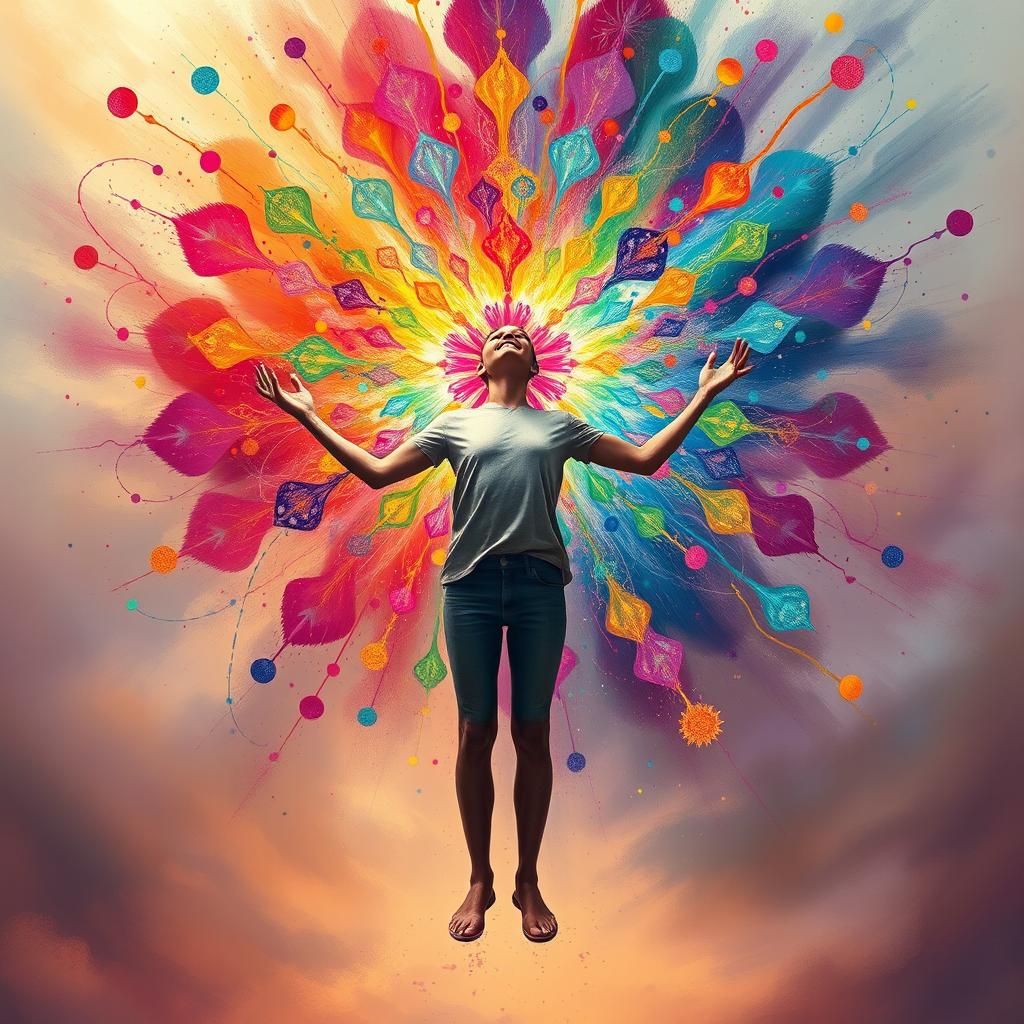 An artistic depiction of a person experiencing a kaleidoscope of colors bursting from their mind, symbolizing an intense surge of creativity and inspiration