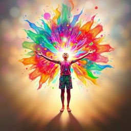 An artistic depiction of a person experiencing a kaleidoscope of colors bursting from their mind, symbolizing an intense surge of creativity and inspiration