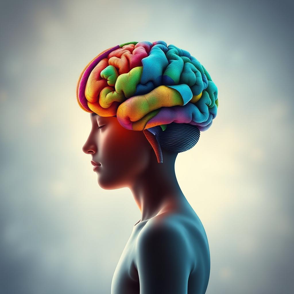 A thought-provoking image of a person's head artistically replaced by a colorful, abstract brain, representing intellectual power and enlightenment