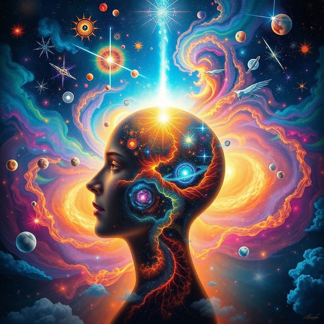 A visually stunning artwork titled 'Unlocking the Cosmic Psyche', illustrating the exploration of the frontier of human consciousness