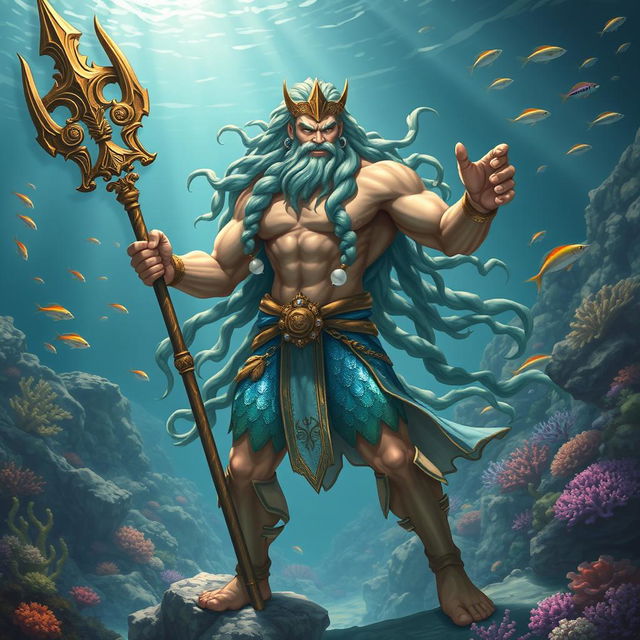 A powerful Triton warrior standing heroically in an underwater kingdom, holding a magnificent trident adorned with intricate designs