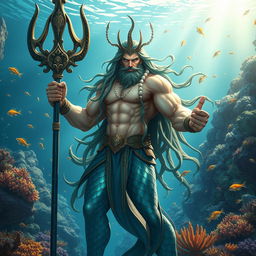 A powerful Triton warrior standing heroically in an underwater kingdom, holding a magnificent trident adorned with intricate designs