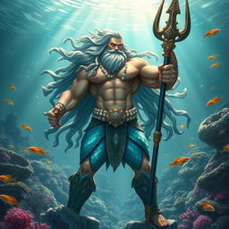 A powerful Triton warrior standing heroically in an underwater kingdom, holding a magnificent trident adorned with intricate designs