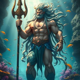 A powerful Triton warrior standing heroically in an underwater kingdom, holding a magnificent trident adorned with intricate designs