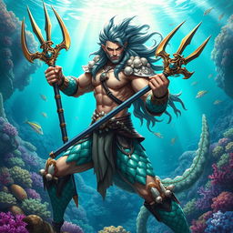 A dynamic Dungeons and Dragons inspired Triton warrior, poised in a battle-ready stance, wielding a beautifully crafted trident