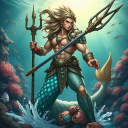 A dynamic Dungeons and Dragons inspired Triton warrior, poised in a battle-ready stance, wielding a beautifully crafted trident