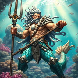 A dynamic Dungeons and Dragons inspired Triton warrior, poised in a battle-ready stance, wielding a beautifully crafted trident