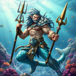 A dynamic Dungeons and Dragons inspired Triton warrior, poised in a battle-ready stance, wielding a beautifully crafted trident