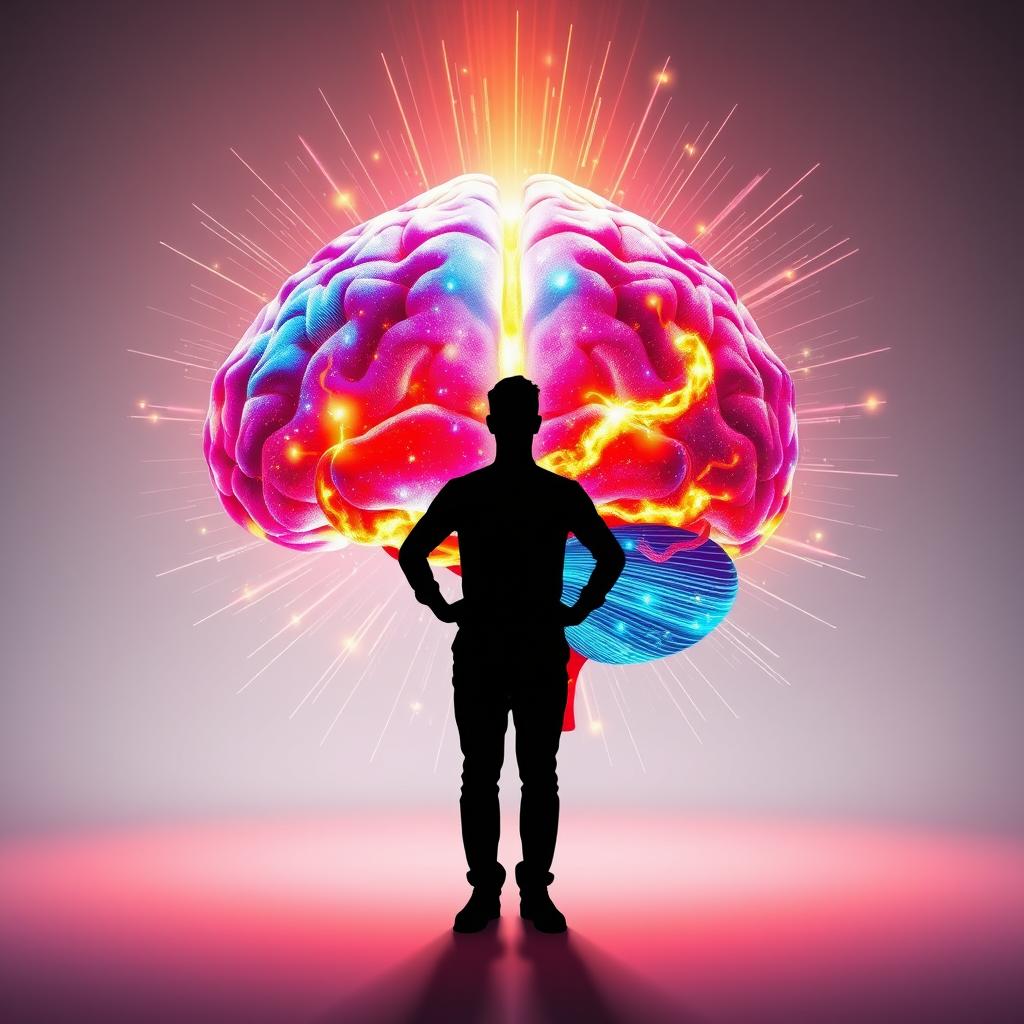 A captivating image showcasing a silhouette of a person standing confidently in front of a vibrant, multicolored brain that radiates dynamic energy, representing creativity and inspiration