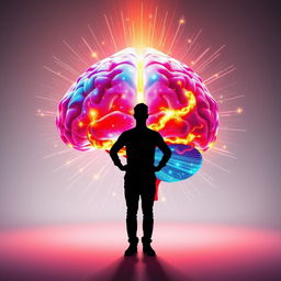 A captivating image showcasing a silhouette of a person standing confidently in front of a vibrant, multicolored brain that radiates dynamic energy, representing creativity and inspiration