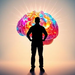 A captivating image showcasing a silhouette of a person standing confidently in front of a vibrant, multicolored brain that radiates dynamic energy, representing creativity and inspiration