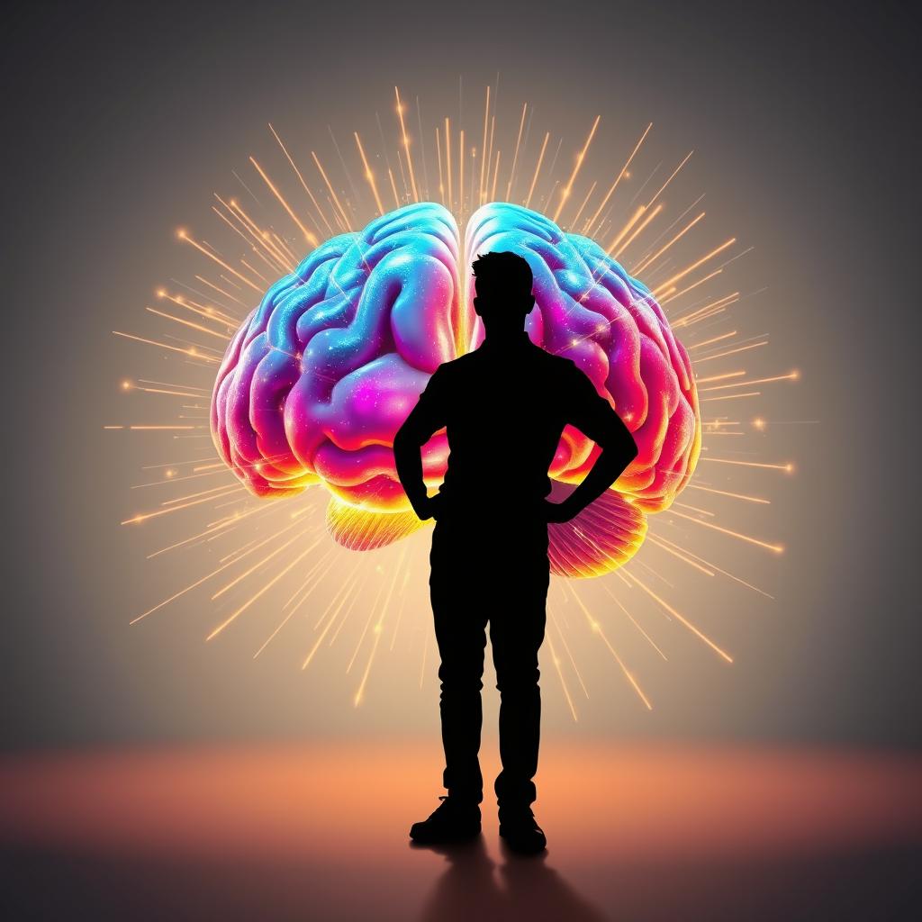 A captivating image showcasing a silhouette of a person standing confidently in front of a vibrant, multicolored brain that radiates dynamic energy, representing creativity and inspiration