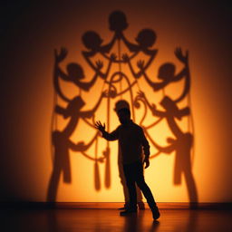 A dramatic scene featuring a man casting an intricate shadow on a wall, the shadows creating a mesmerizing pattern reminiscent of a puppet show