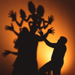 A dramatic scene featuring a man casting an intricate shadow on a wall, the shadows creating a mesmerizing pattern reminiscent of a puppet show