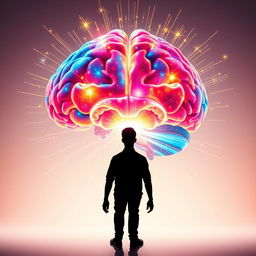 A captivating image showcasing a silhouette of a person standing confidently in front of a vibrant, multicolored brain that radiates dynamic energy, representing creativity and inspiration