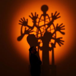 A dramatic scene featuring a man casting an intricate shadow on a wall, the shadows creating a mesmerizing pattern reminiscent of a puppet show