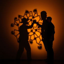 A dramatic scene featuring a man casting an intricate shadow on a wall, the shadows creating a mesmerizing pattern reminiscent of a puppet show